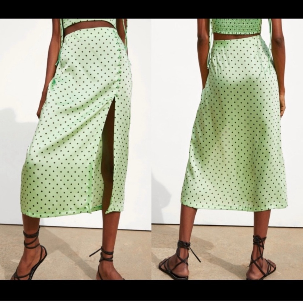 Zara Green Polka Dot Midi Skirt w/ Slit